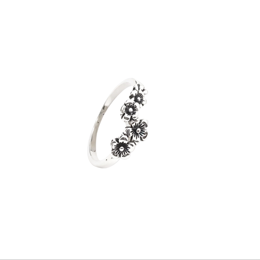 Vintage Antiqued Four Plum Blossom Ring, Forest-style Retro Silver Band