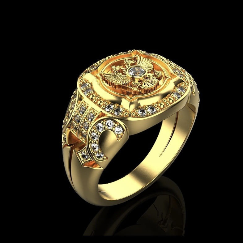 Double-Headed Eagle Embossed Pave Diamond Heavy Gold Men’s Ring, Solid S925 Silver Vintage Royal Crest Wide Statement Band