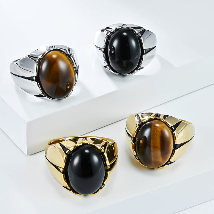 S925 Silver Oval Cabochon Gemstone Men Ring, Geometric Setting Tiger's‑Eye & Black Onyx Wide Band for Men
