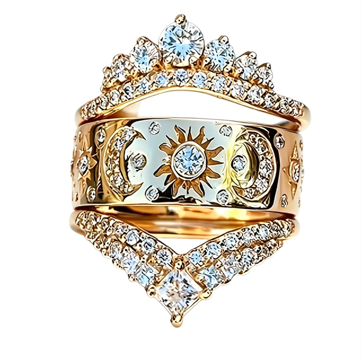 Sun Moon Star 3Pcs Ring Set, Crown V-Shape Vintage Engraved Stacking Bands Gold Silver Bridal Ring Set