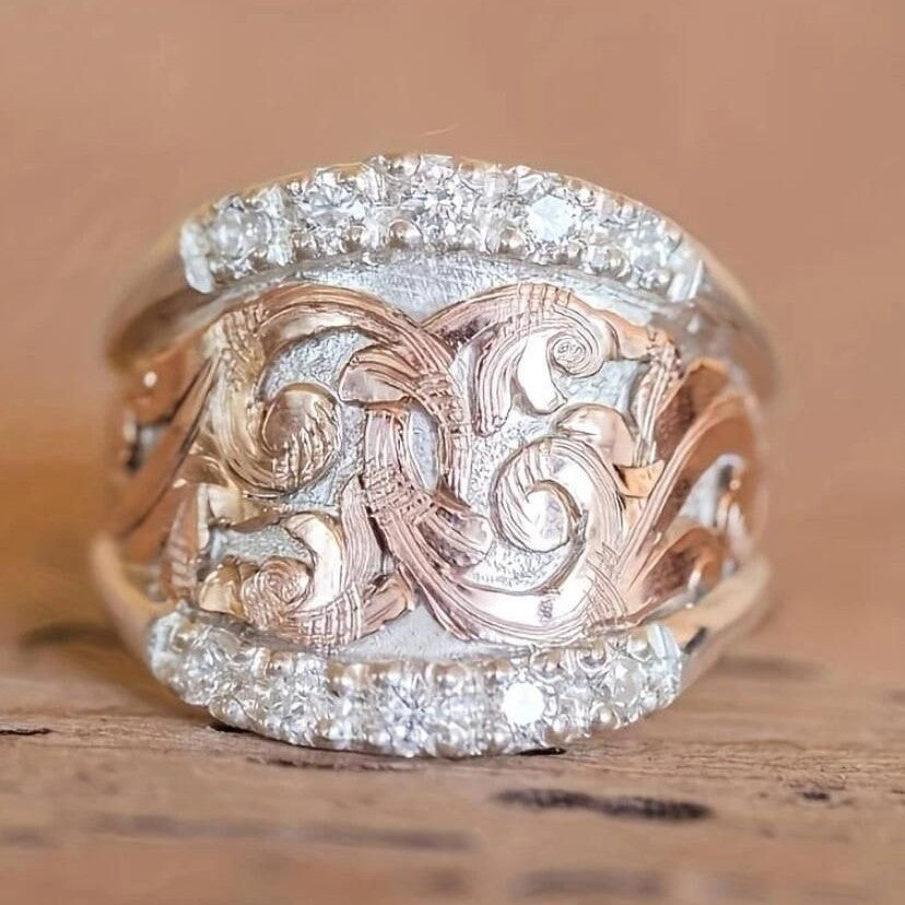 Two-Tone Vintage Scroll Wide S925 Silver Ring, European Embossed Diamond Paved Royal Statement Ring