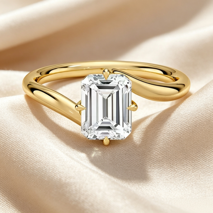 Rectangular Step Cut Twisted Shank 4-Prong Ring, Gold Minimalist Luxury Engagement Ring