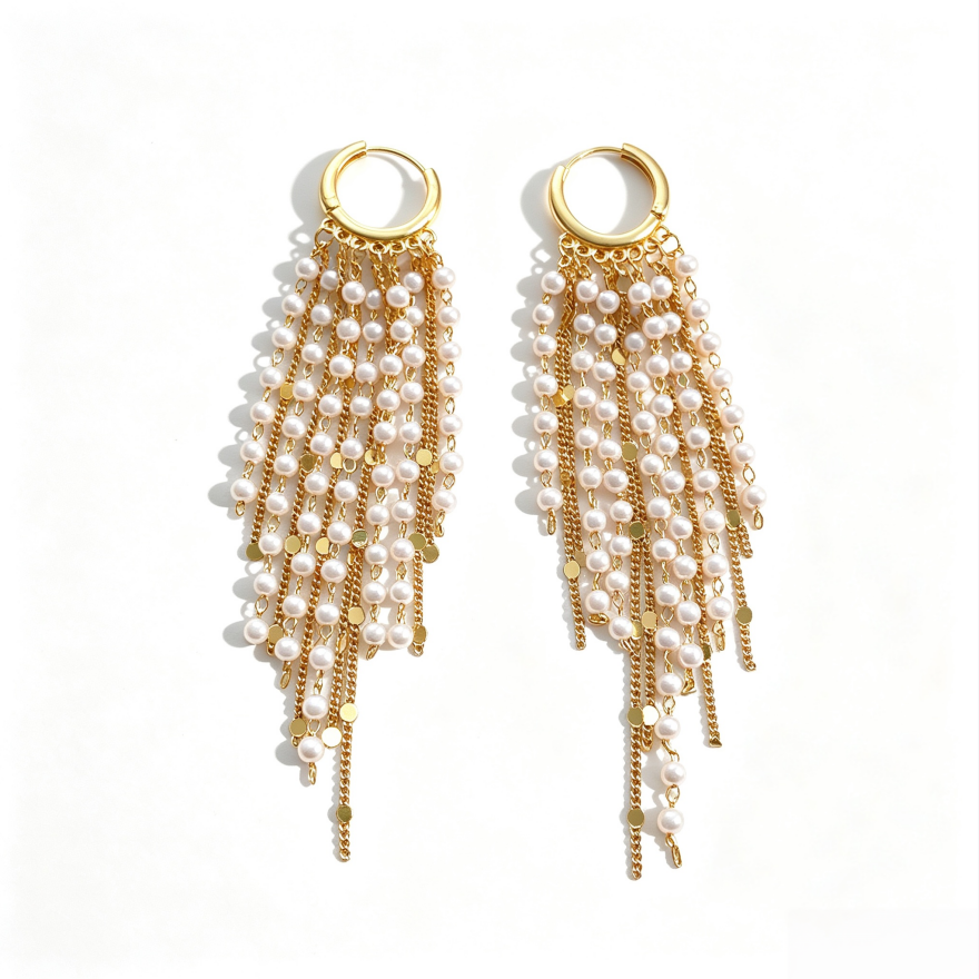 S925 Silver Long Pearl Tassel Hoop Earrings, Luxury Multi-layer Chain Pearl Drop Earrings, Gold & Silver Tone Face Slimming Earrings for Party