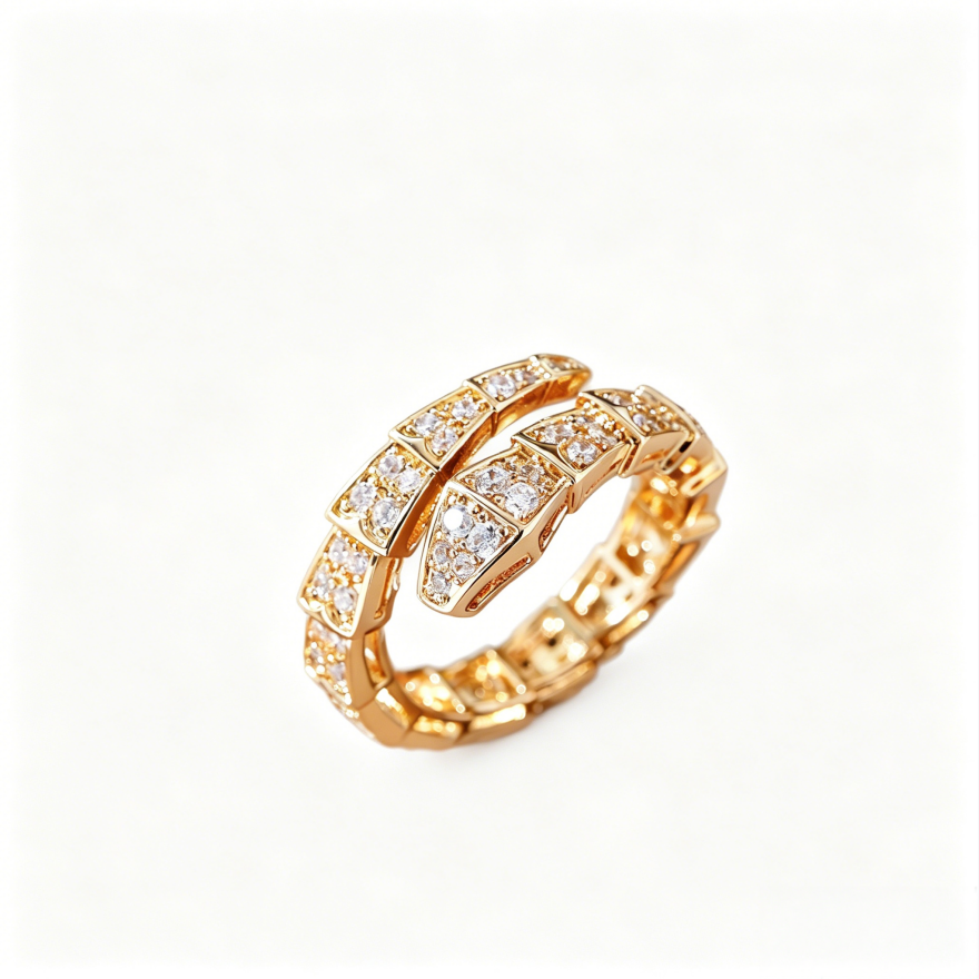Full Pave Diamond Snake Open Ring, Gold & Silver Tone Luxury Segmented Serpent Band