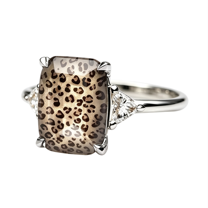 Vintage Leopard Print Rectangle Resin Stone Ring, Solid S925 Silver Gold & Silver Two-Tone Wild Trendy Unique Band