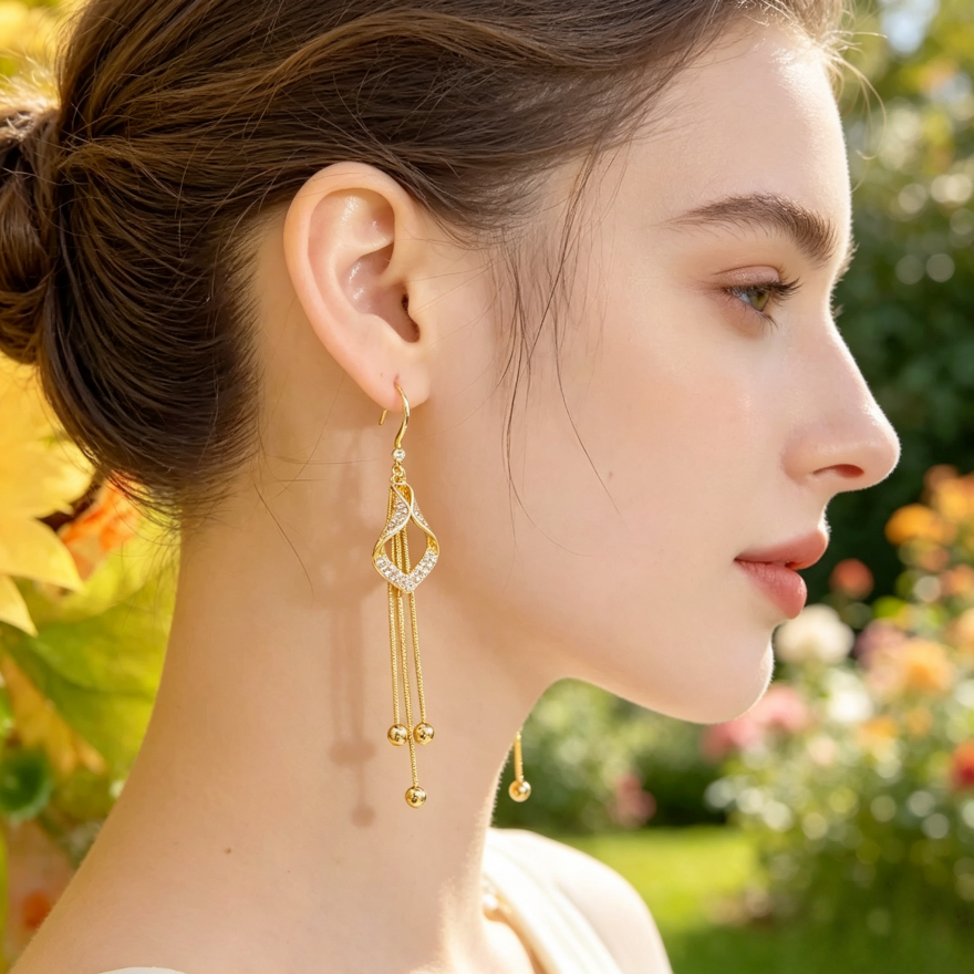 Luxury Hollow Paved Crystal Teardrop Tassel Hook Earrings, Long Snake Chain Bead Dangle Slimming Jewelry for Women