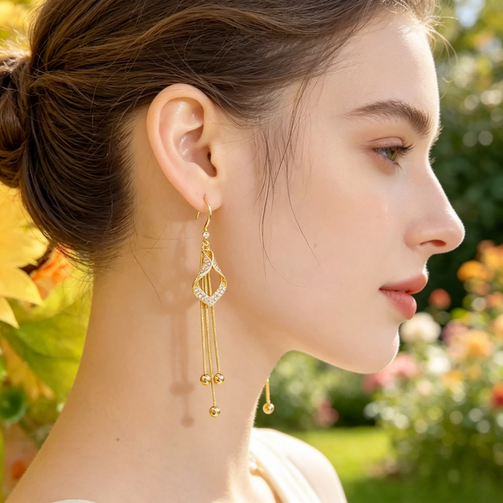 Luxury Hollow Paved Crystal Teardrop Tassel Hook Earrings, Long Snake Chain Bead Dangle Slimming Jewelry for Women