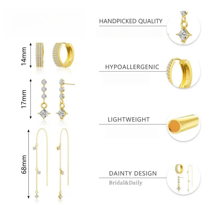Luxury 3-Piece Diamond Earring Set, Paved Wide Hoops + Linear Square Drop Studs + Multi-Stone Threader Earrings Gold & Silver Jewelry Kit