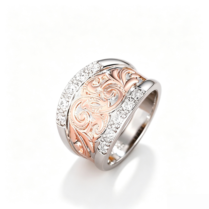 Two-Tone Vintage Scroll Wide S925 Silver Ring, European Embossed Diamond Paved Royal Statement Ring