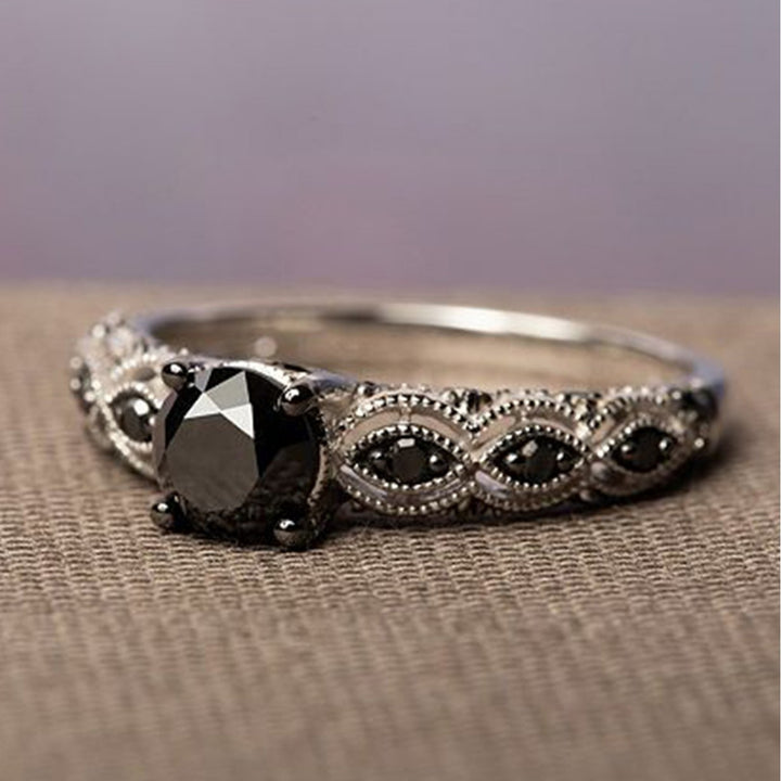 Vintage Filigree Black Diamond 4-Prong Ring, Dark Gothic Antique Silver Band