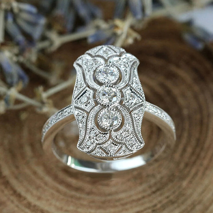 Edwardian Vintage Three-Diamond Openwork Milgrain Wide Ring, Solid S925 Silver Full Pave Antique Engagement Band
