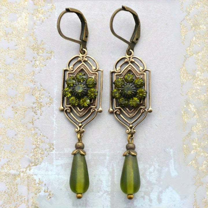 Vintage Bronze Hollow Green Diamond Teardrop Drop S925 Silver Leverback Earrings, European Classical Carved Long Dangle Earrings