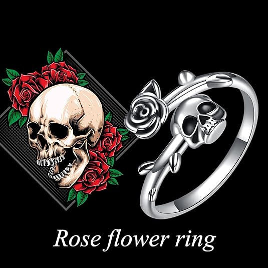 Vintage Skull Rose Open Ring, Gothic Punk Adjustable Unisex Statement Ring for Men & Women
