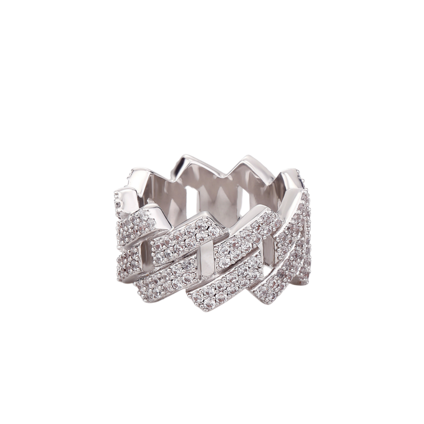 Full Pave Cuban Link Wide Band Ring, Solid S925 Silver Gold & Silver Two-Tone Hip Hop Heavy Chain Statement Ring