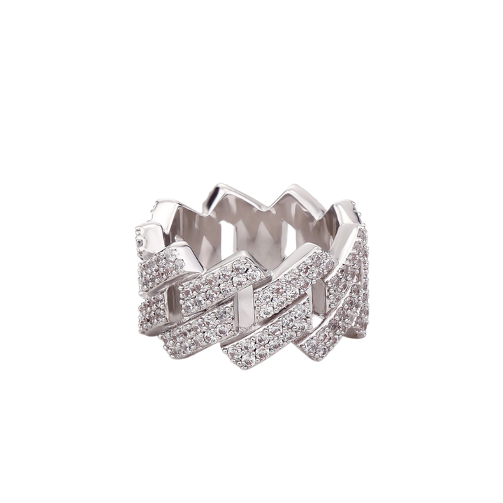 Full Pave Cuban Link Wide Band Ring, Solid S925 Silver Gold & Silver Two-Tone Hip Hop Heavy Chain Statement Ring
