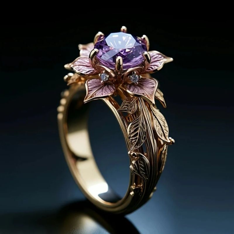 Amethyst Floral Relief Ring (Light Luxury Niche Vintage Band)