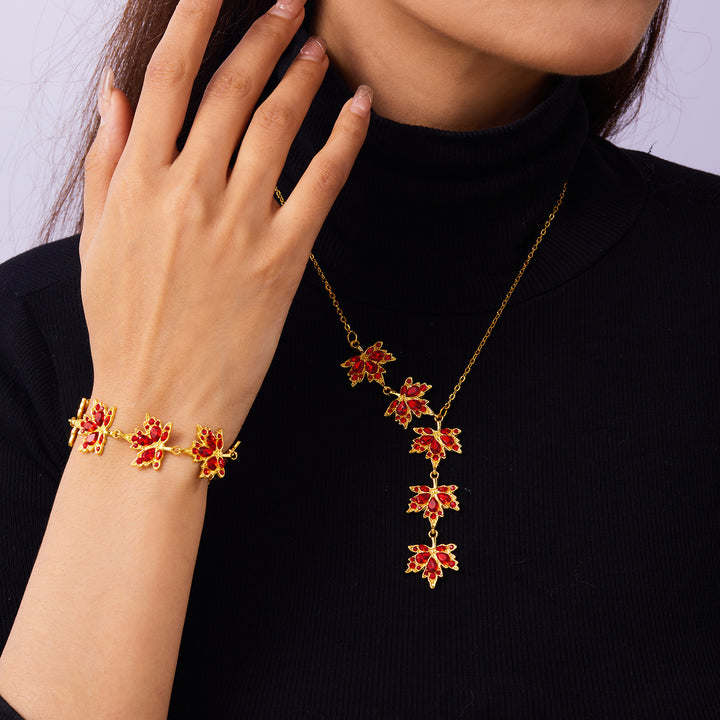 Red Diamond Maple Leaf Jewelry Set (Necklace + Bracelet + Hoop Earrings)