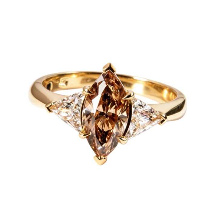 Marquise‑Cut Brown Center Diamond With Trillion‑Side‑Diamonds Gold‑Tone Engagement Ring