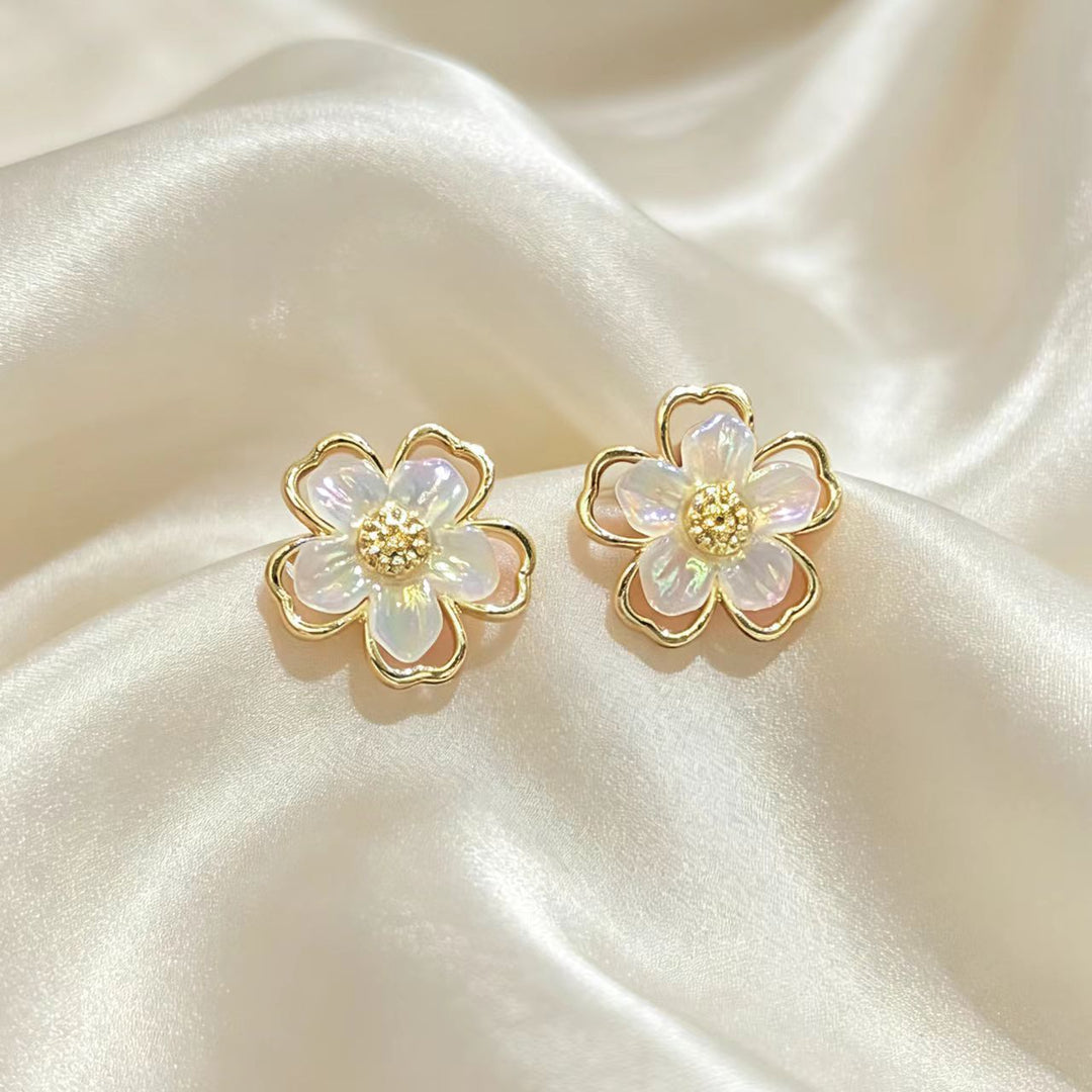 Double-layer Iridescent Flower S925 Silver Stud Earrings, Elegant Hollow Petal Earrings