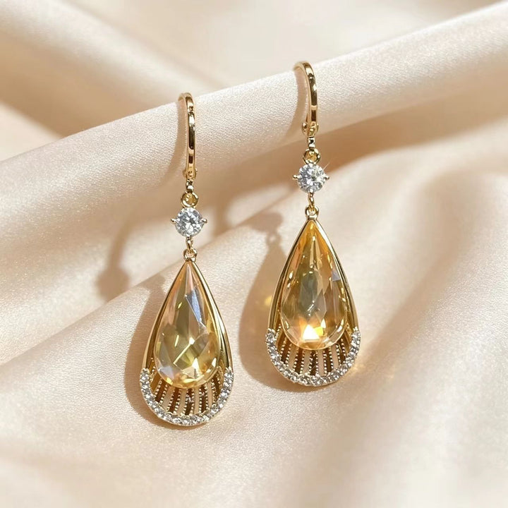 Hollow Fan-shaped Teardrop Diamond Hook Earrings, Luxury Long Dangle Earrings, Two Colors Available
