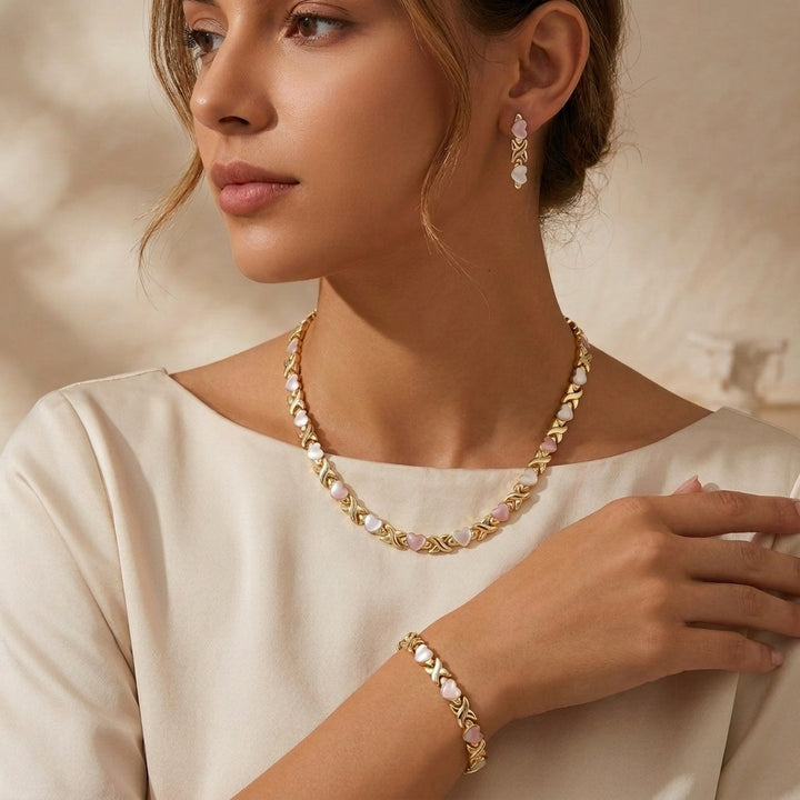 Sweet Two-Tone Enamel Heart Jewelry Set, 3Pcs Necklace Bracelet Earrings Heart Matching Jewelry