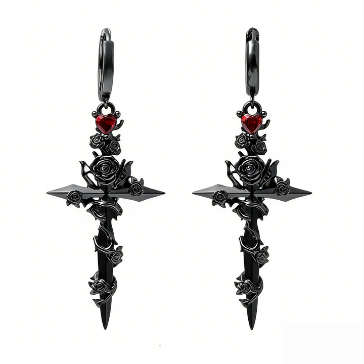 Gothic Rose Cross Sword Earrings (Edgy Punk Statement Hoops)