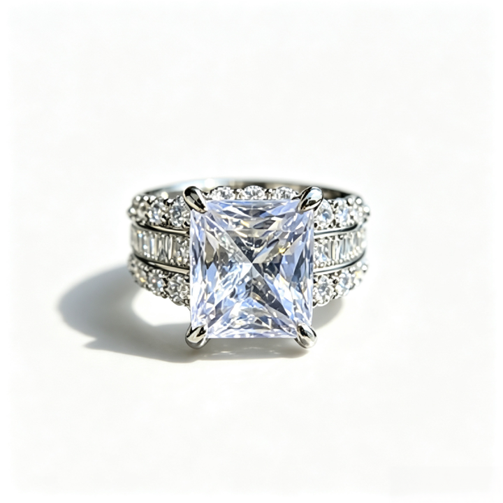 Princess‑Cut Centre Stone Triple‑Row Paved Ring For Women