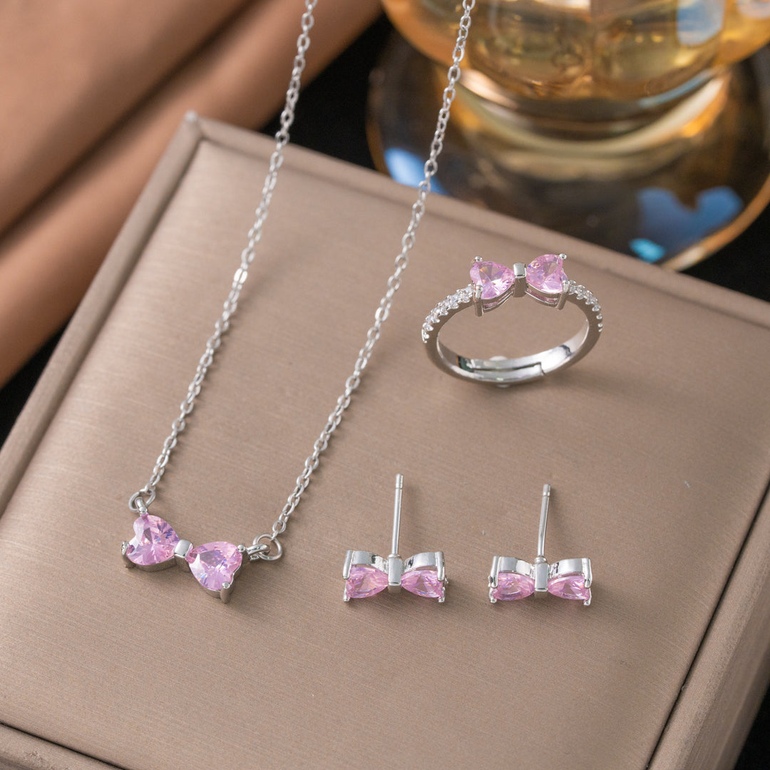 Pink Heart Diamond Bow Jewelry Set, S925 Silver Sweet Girly 3-Piece Necklace Earring Ring Kit