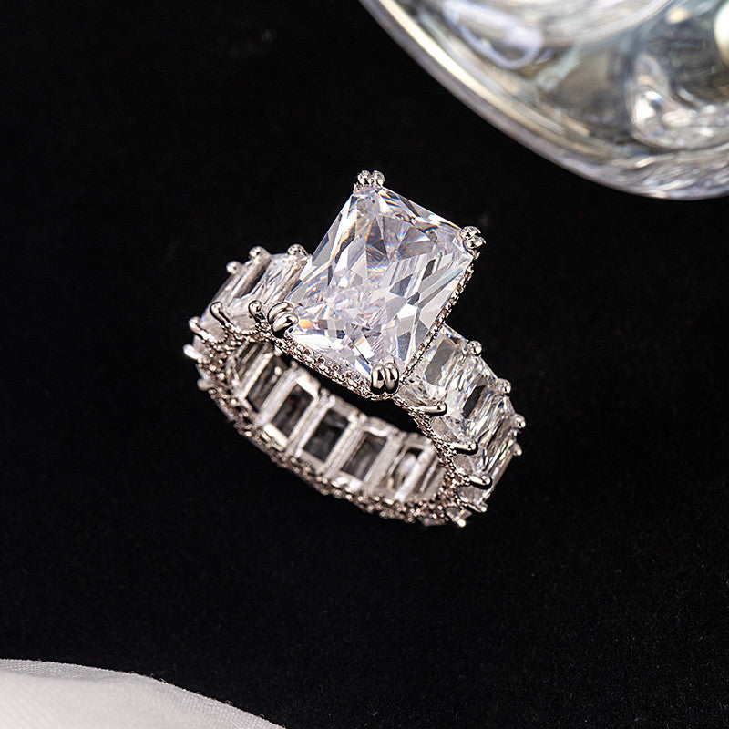 Emerald Cut Center Stone 4 Prong Ring, Luxury Side Baguette Diamond Engagement S925 Silver Ring