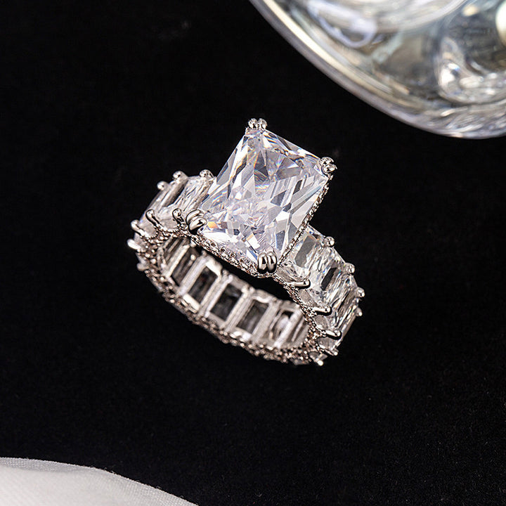 Emerald Cut Center Stone 4 Prong Ring, Luxury Side Baguette Diamond Engagement S925 Silver Ring