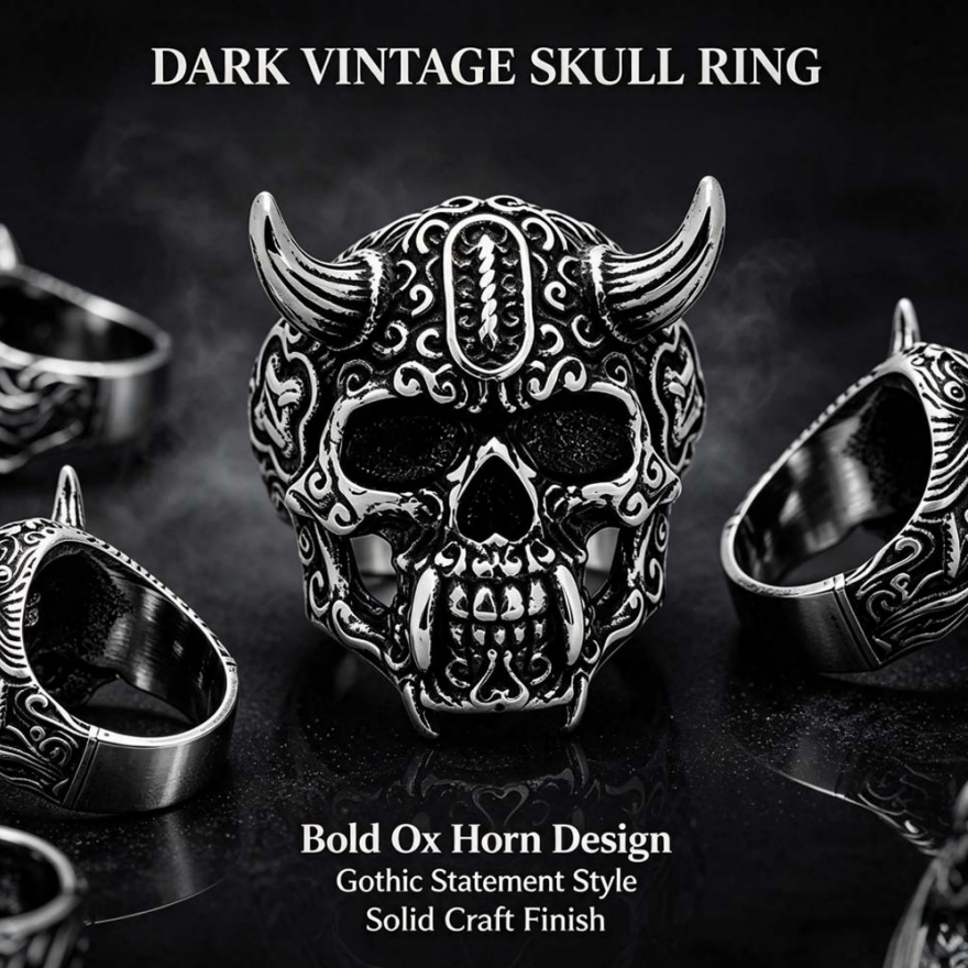 Horned Tusk Carved Skull Ring, S925 Silver Antiqued Viking Gothic Dark Statement Band For Men