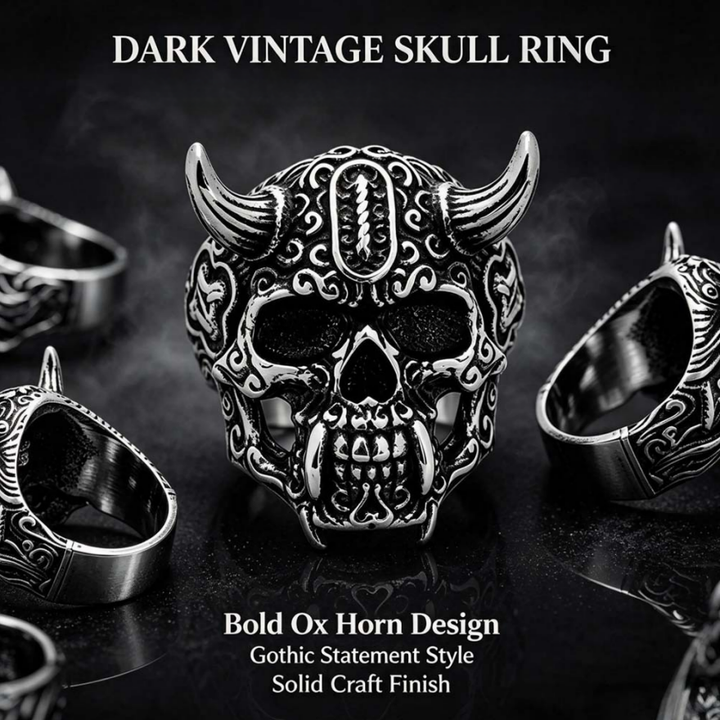 Horned Tusk Carved Skull Ring, S925 Silver Antiqued Viking Gothic Dark Statement Band For Men