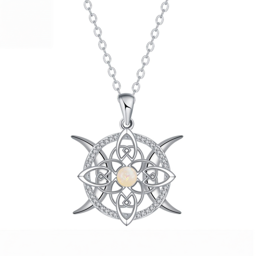 Celtic Knot Triple Moon S925 Silver Necklace, Opal Hollow Retro Pendant Choker, Mystical Diamond Ladies Necklace
