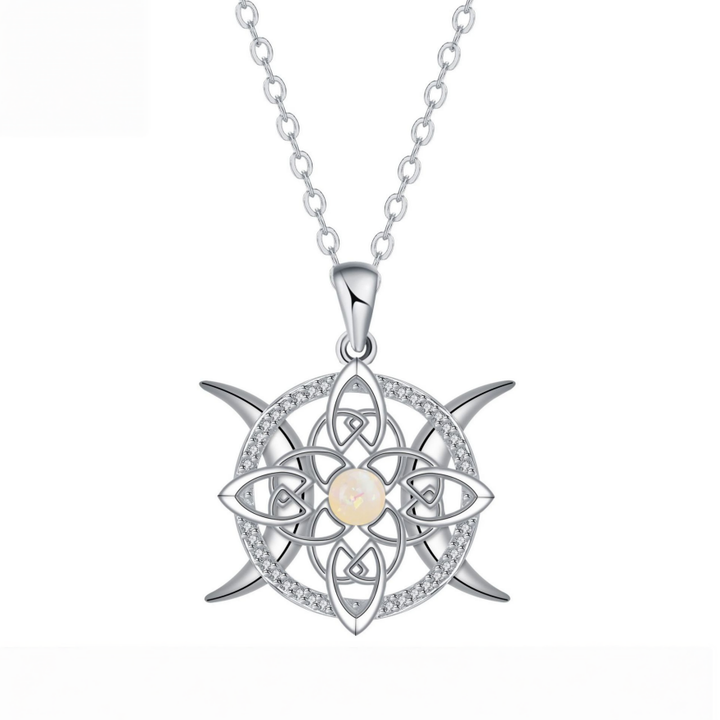 Celtic Knot Triple Moon S925 Silver Necklace, Opal Hollow Retro Pendant Choker, Mystical Diamond Ladies Necklace