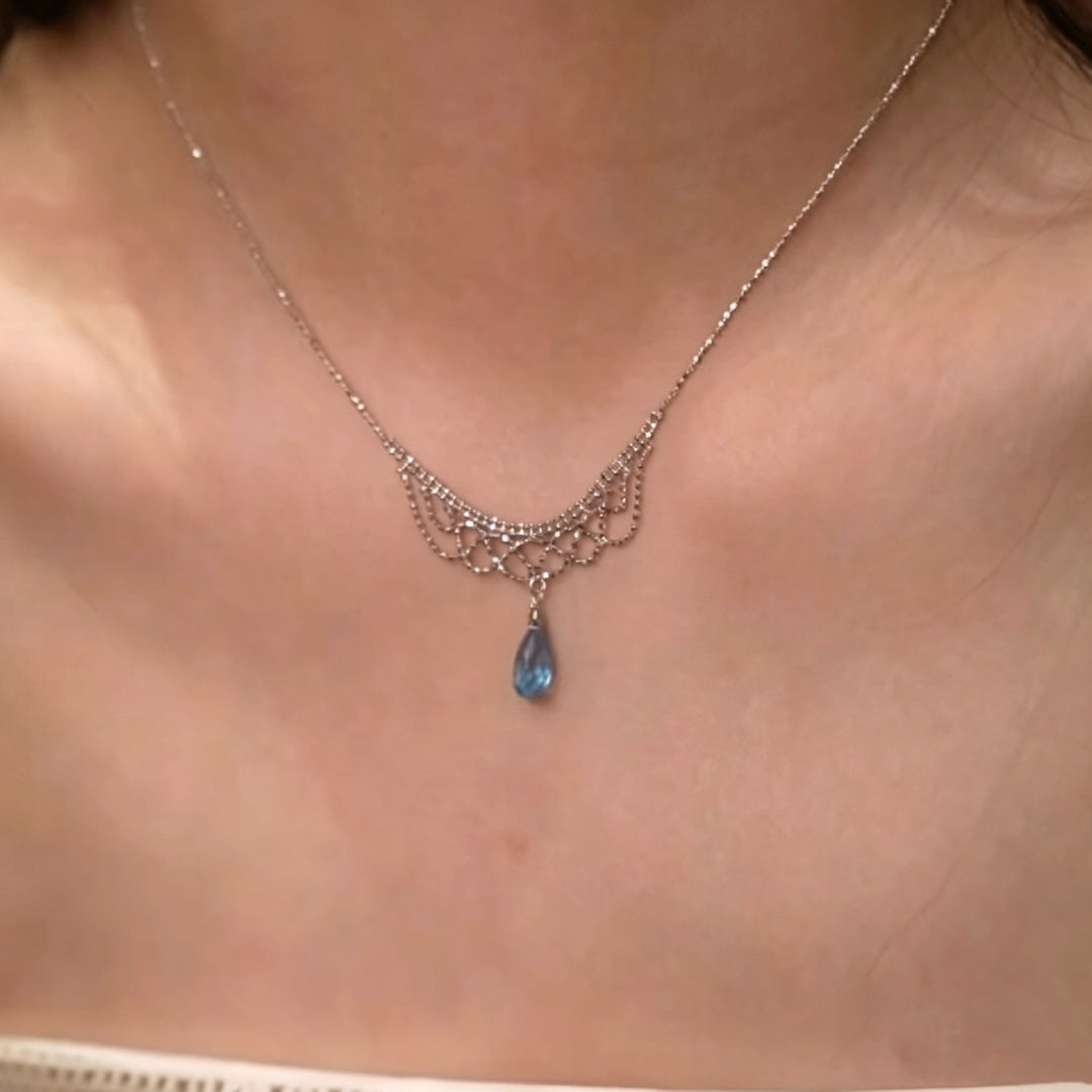 Vintage Lace Hollow Teardrop Blue Diamond Collarbone Necklace, S925 Silver Royal Style Aquamarine Crystal Dinner Dress Pendant