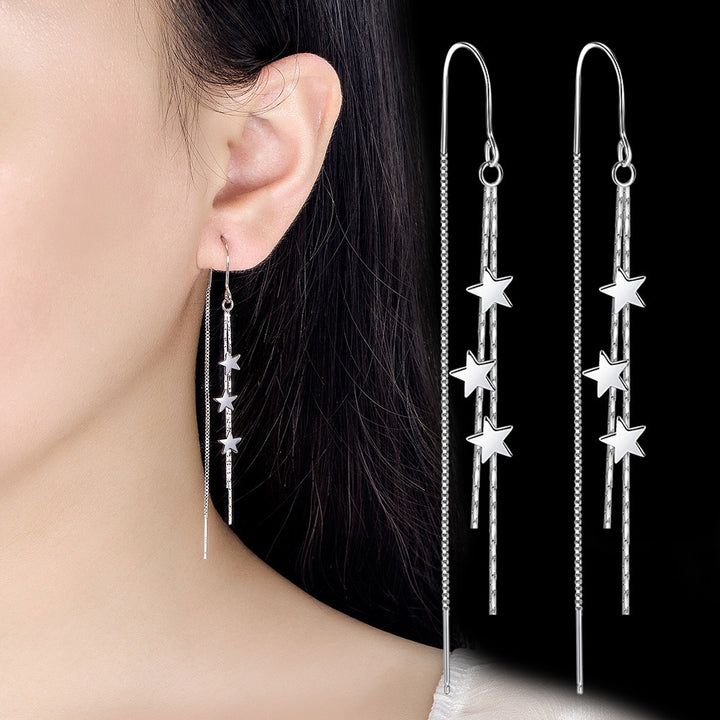 Multi-Layer Star Long Tassel Hook Earrings, Triple Star Snake Chain Slimming Sweet Silver Dangle Jewelry