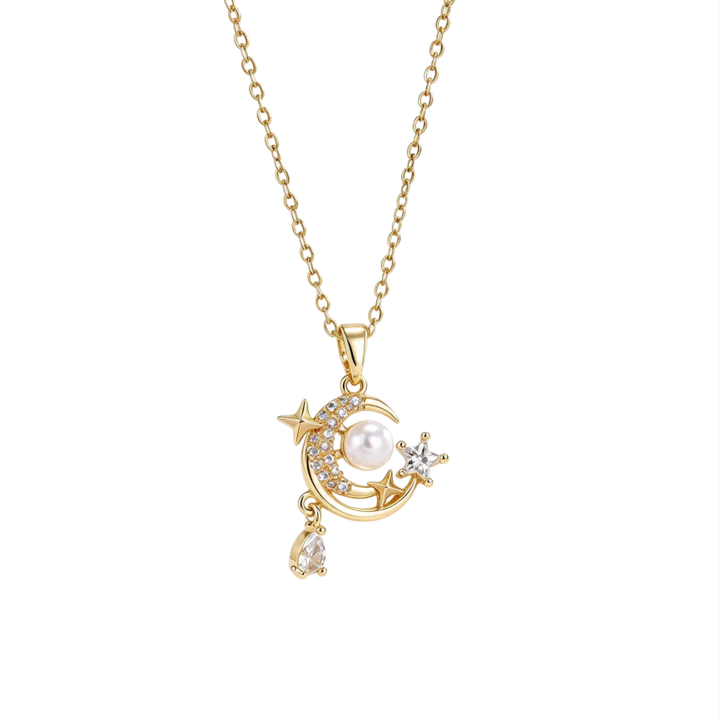 Star Moon Pearl Teardrop Pendant Necklace