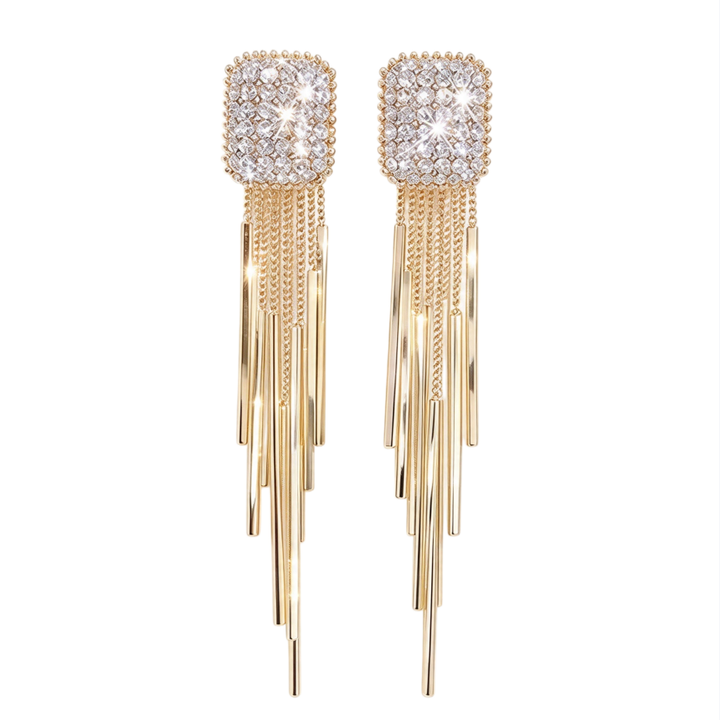 Square Pavé Long Tassel Drop Earrings