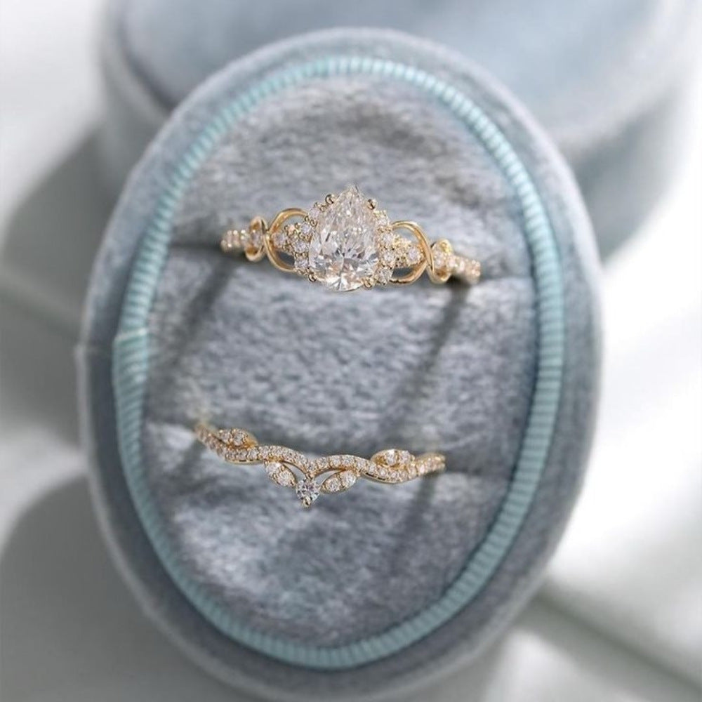 Crown Pear-Shaped Main Diamond S925 Silver Ring, Gold Double Layer Hollow Diamond Inlaid Band, Luxury Engagement Promise Ring