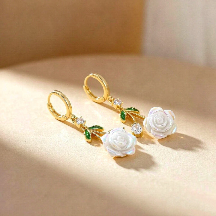White Rose Branch Drop Leverback Earrings