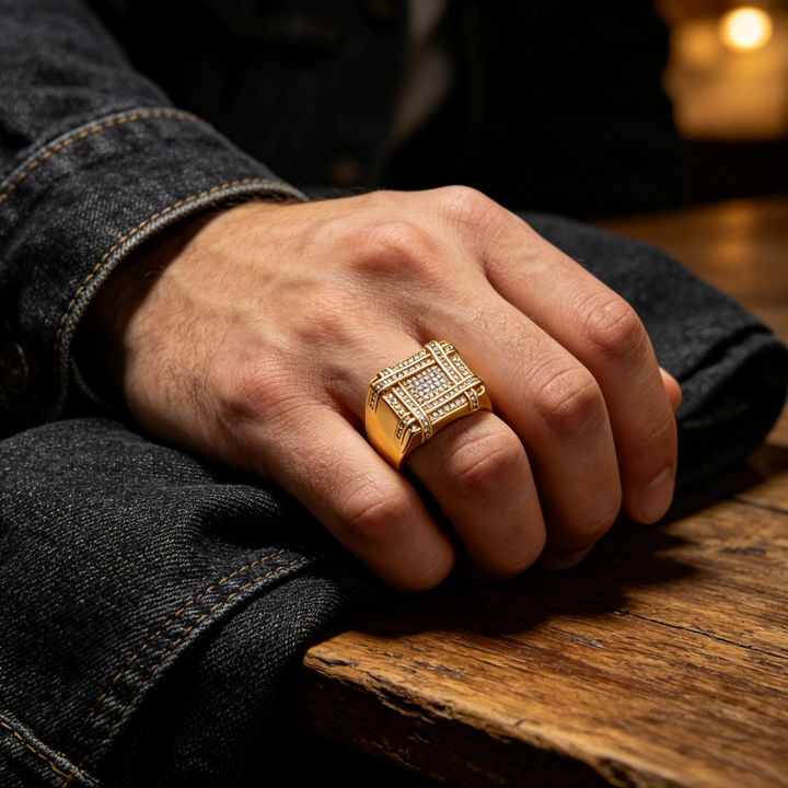 Paved Grid Square Wide Signet Ring, S925 Silver 14K Gold Plated Heavy Luxury Unisex Statement Band