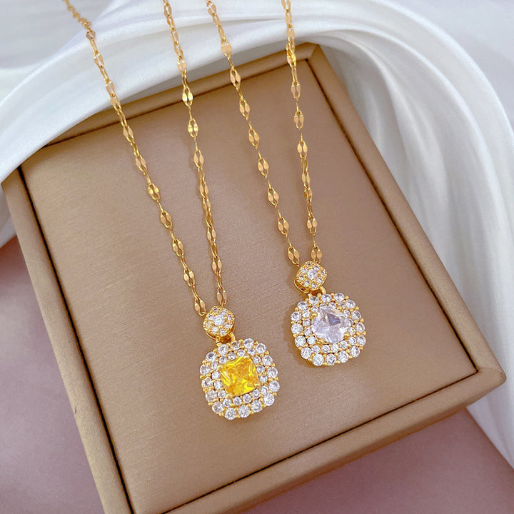 Square‑Cut Double‑Layer Halo Pendant Choker Necklace, Two‑Color Options