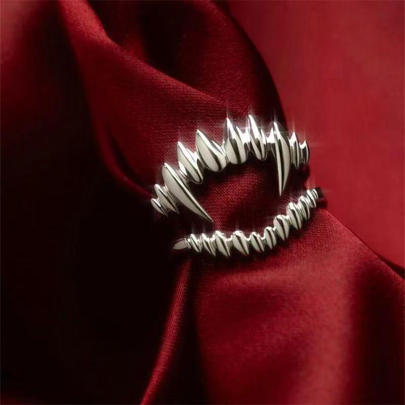 Vintage Vampire Fangs Open Ring, S925 Silver Dark Gothic Adjustable Unisex Band