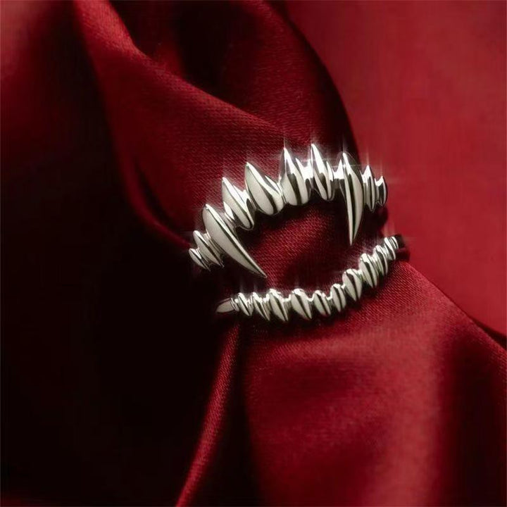 Vintage Vampire Fangs Open Ring, S925 Silver Dark Gothic Adjustable Unisex Band