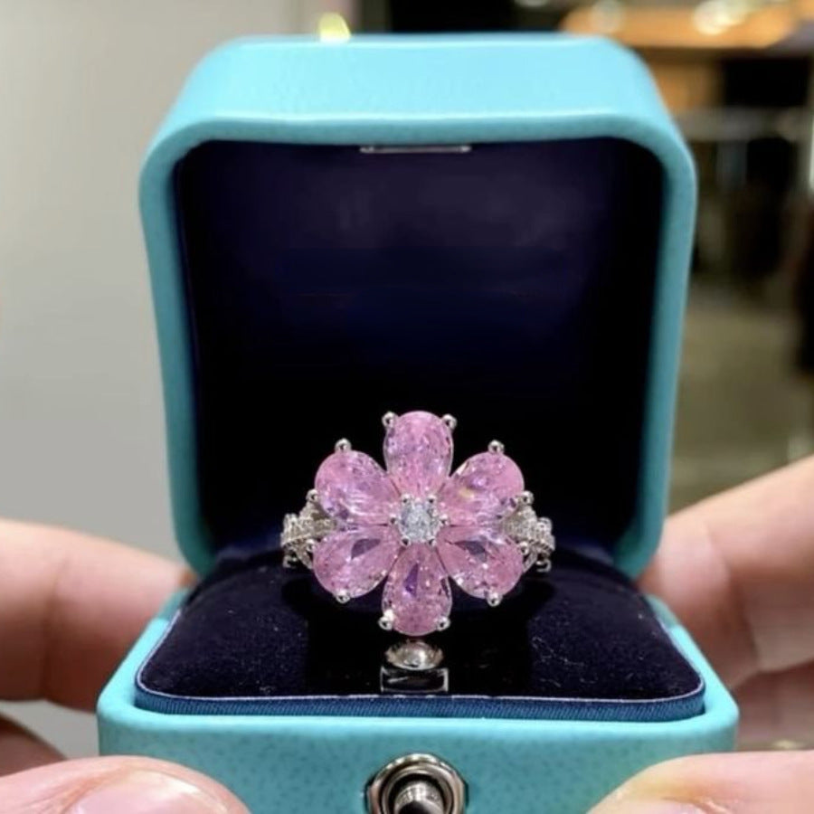 Six-Petal Pink Diamond Flower Open Ring, Heavy Luxury Sakura Pink Diamond Adjustable Hollow Band