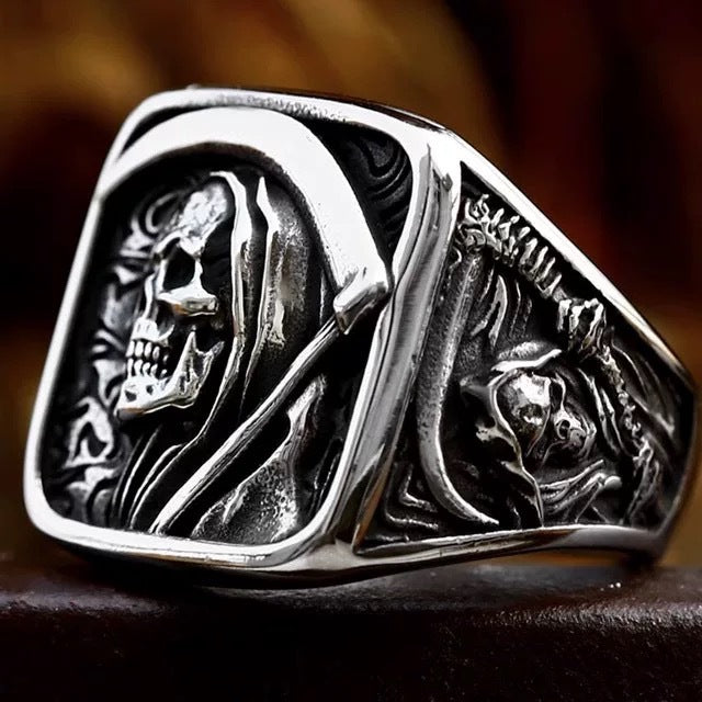 Vintage Grim Reaper Scythe Skull Embossed Signet Ring, S925 Silver Antiqued Dark Biker Wide Band For Men