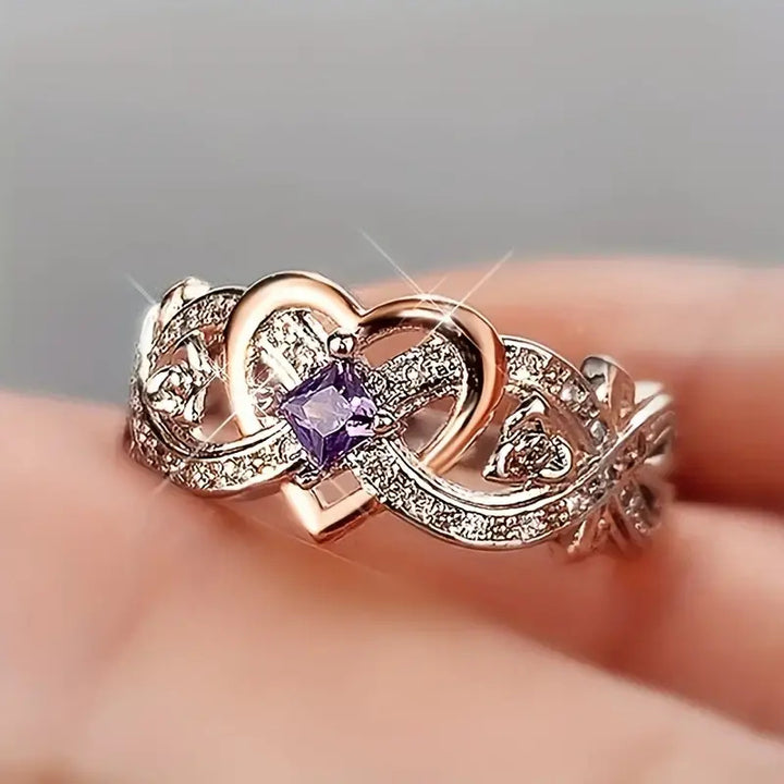 Two‑Tone Interlaced Heart Square Purple Diamond Ring