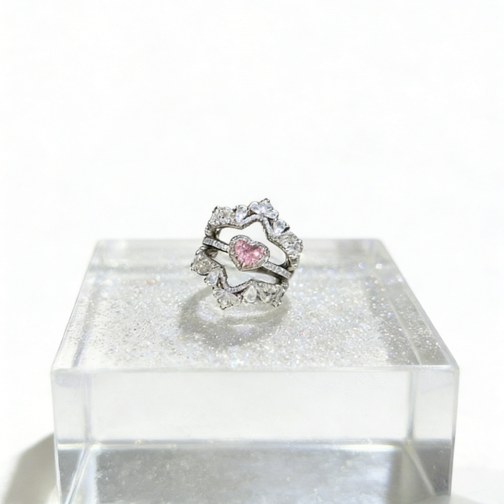 Pink Heart Diamond Floral Cluster Statement Ring (Luxury Girlish Band)