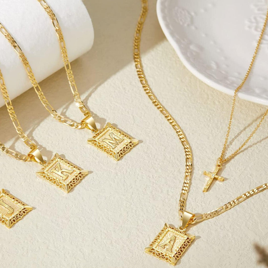 Vintage Engraved Initial Tag & Cross Layered Necklace (Personalized Light Luxury Street Style)