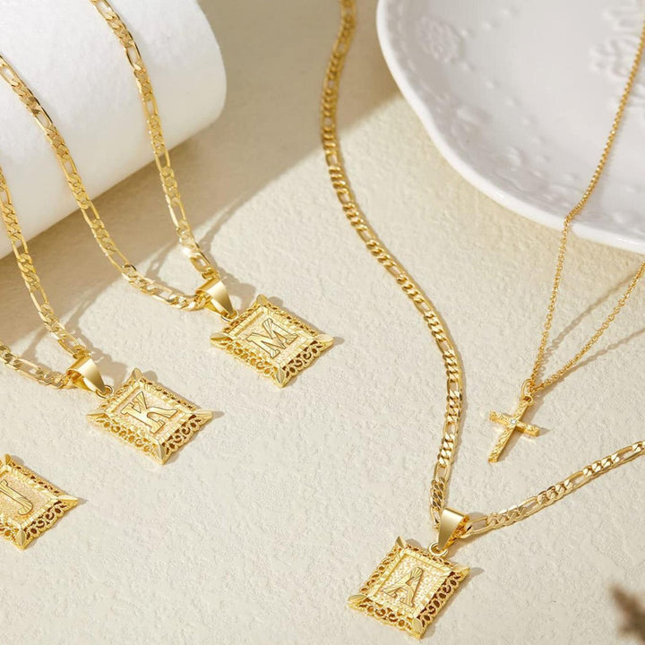 Vintage Engraved Initial Tag & Cross Layered Necklace (Personalized Light Luxury Street Style)